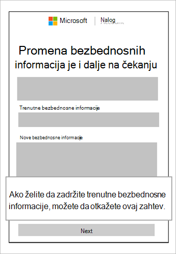 Snimak ekrana prozora za promenu bezbednosnih informacija je i dalje na čekanju