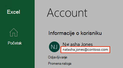 Snimak ekrana koji prikazuje korisnički nalog u programu Excel.
