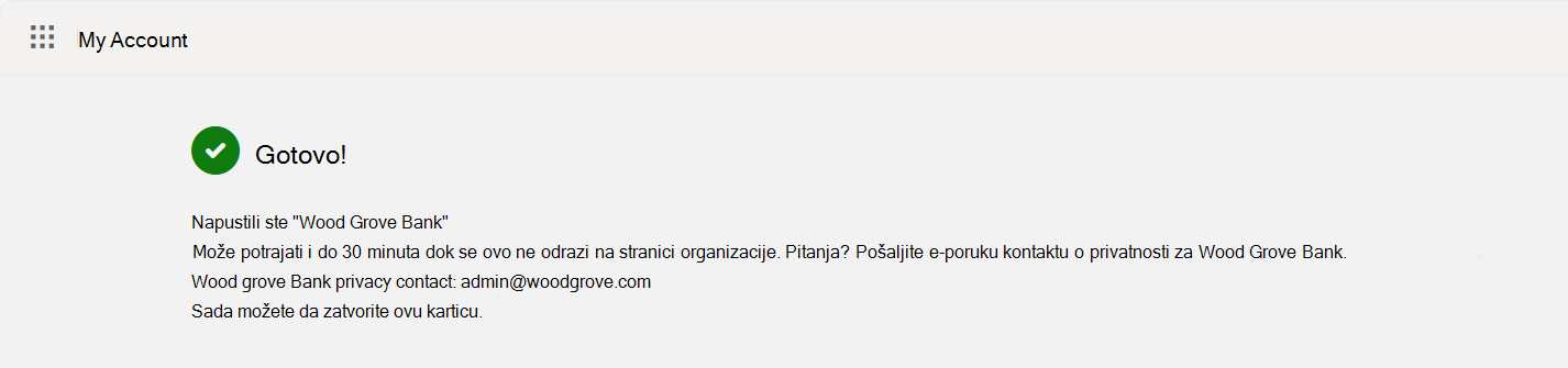 Snimak ekrana prikazuje ekran sa potvrdom 