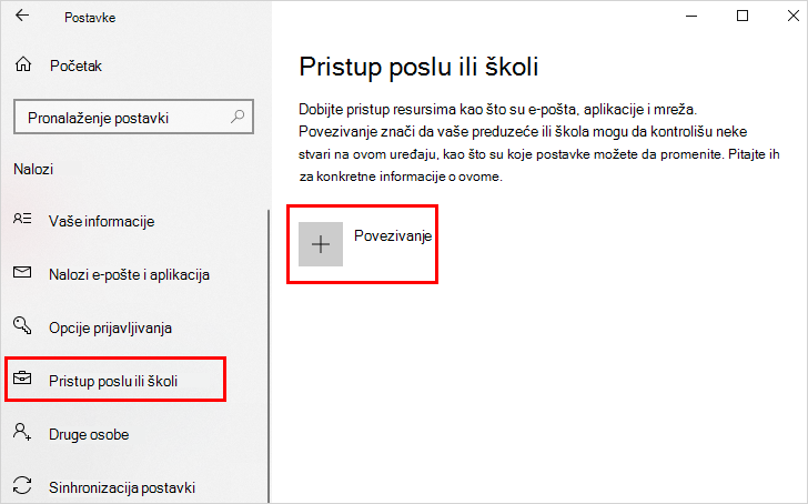 Ekran pristupa poslu ili školi sa istaknutom opcijom 