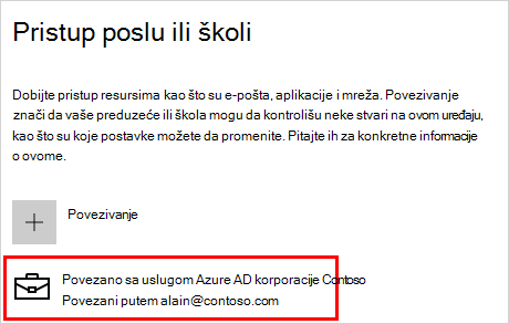 Pristup poslovnom ili školskom ekranu sa povezanim Contoso nalogom