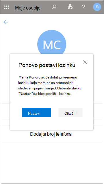 Poništavanje korisničke lozinke u mom osoblju