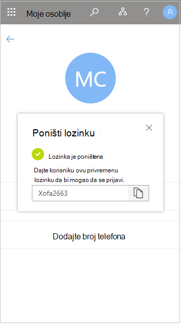 Kopiranje privremene korisničke lozinke nakon uspostavljanja početnih vrednosti u odeljku 