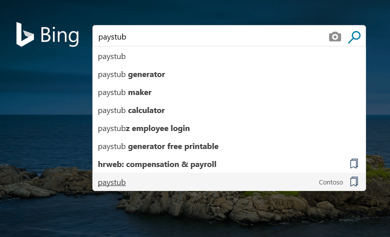 Bing predlozi za pretragu prikazani za upit paystub