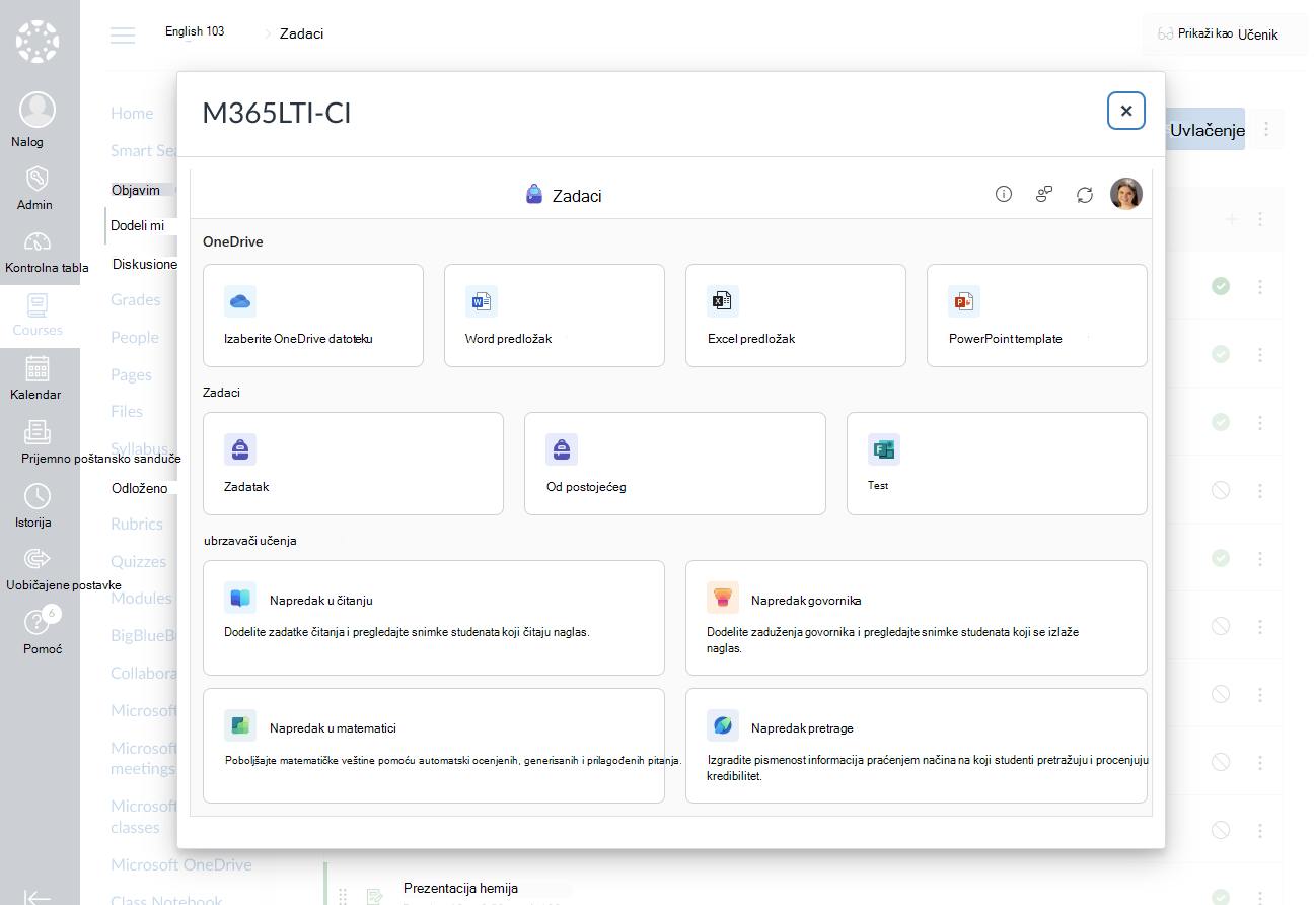 Odaberite Microsoft obrazovanje koje ćete kreirati za zadatak ili modul