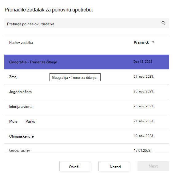 Snimak ekrana pronalaženja zadatka za ponovno korišćenje.