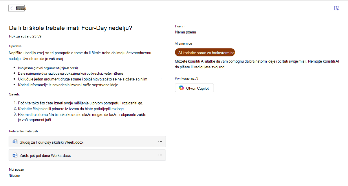 Snimak ekrana onoga što učenik vidi.