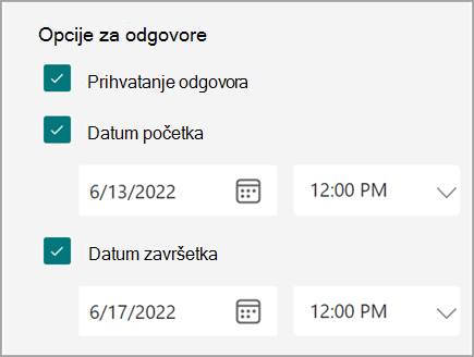 Snimak ekrana postavki obrasca/testa gde korisnici mogu da podese datum početka i završetka za odgovore.