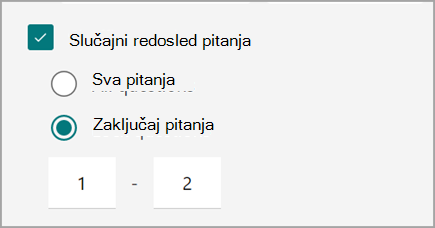 Snimak ekrana postavke testa/obrasca za slučajno postavljanje i zaključavanje pitanja testa.