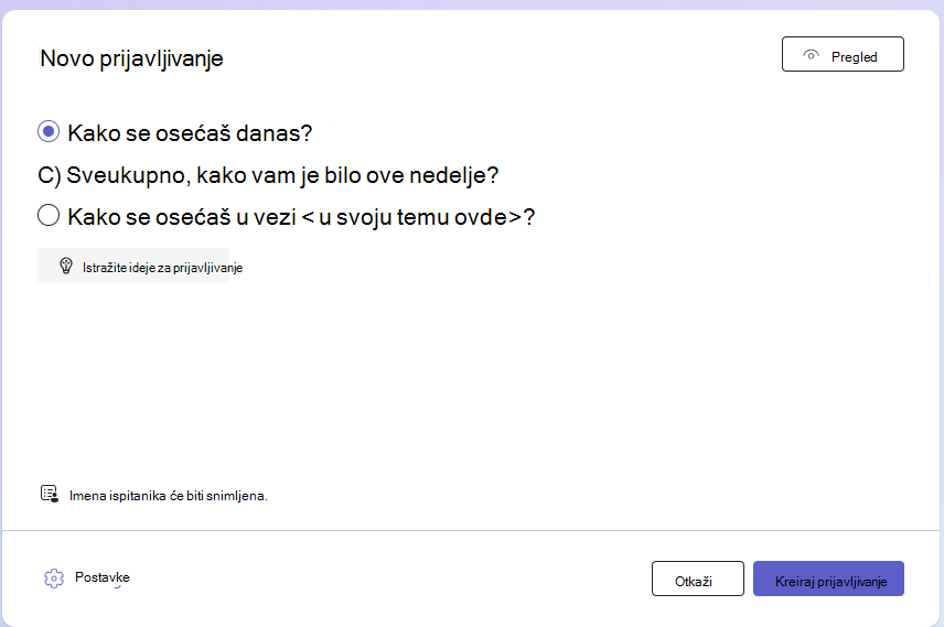 Snimak ekrana nove prijave.