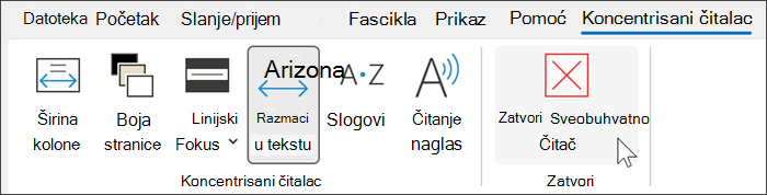 Alatka Koncentrisani čitalac u programu Outlook sa kursorom postavljenim iznad stavke 