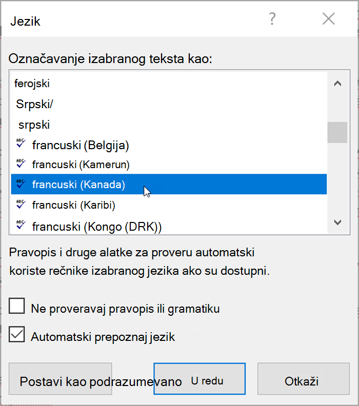 Snimak ekrana iz programa Word. Iskačući meni navode jezike koje je moguće izabrati. Automatski prepoznaj jezik je provereno.