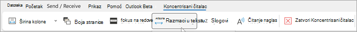 Snimak ekrana trake koncentrisanog čitaoca u programu Outlook za računare. Opcije sleva nadesno jesu širina kolone, boja stranice, fokus na redove, razmak u tekstu, slogovi, čitanje naglas, zatvaranje koncentrisanog čitaoca