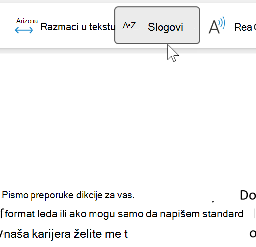 Snimak ekrana funkcije slogova Koncentrisanog čitaoca izabranog i prikazuje nekoliko reči u e-poruci razdvojenih u slogove. The Word recommendation is shown as rec dot om dot men dot da dot tion
