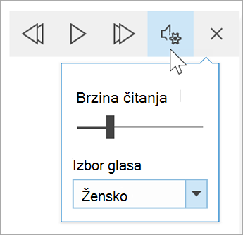 snimak ekrana trake sa alatkama sa opcijama glasa koncentrisanog čitaoca. Zadržite pokazivač miša iznad postavki, otkrivajući preklopnik za brzinu čitanja i padajući meni za izbor glasa