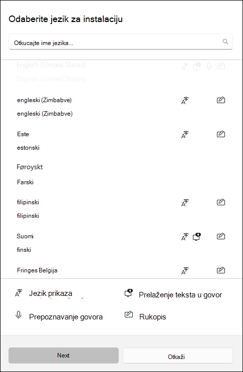 Snimak ekrana jezičkih paketa dostupnih za preuzimanje u postavkama operativnog sistema Windows 10.