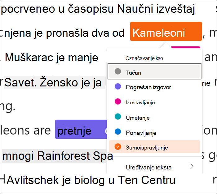 Tekst označen sa greškama, reč kameleoni je uvučena u crni kvadrat koji ukazuje na to da se koriste tasterske prečice, padajući meni prikazuje samoispravljanje koje je izabrano od dostupnih tipova grešaka.