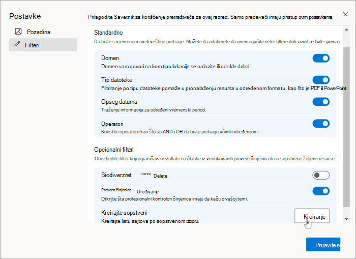 Snimak ekrana odeljka sa filterima u postavkama tako što ćete kliknuti na dugme 