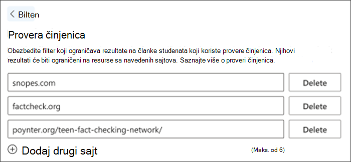 Snimak ekrana opcije provere činjenica u postavkama. Navedena su tri podrazumevana sajta za proveru činjenica – oni se mogu izbrisati i dodati drugi da bi zadovoljili potrebe nastavnika.