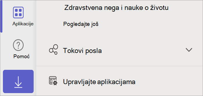Snimak ekrana usluge Teams koji prikazuje dugme sa aplikacijama, koje otkriva dugme 