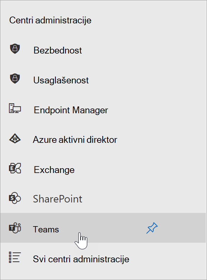 Snimak ekrana Microsoft 365 centra administracije sa kursorom iznad ulazne tačke za Teams centar administracije.