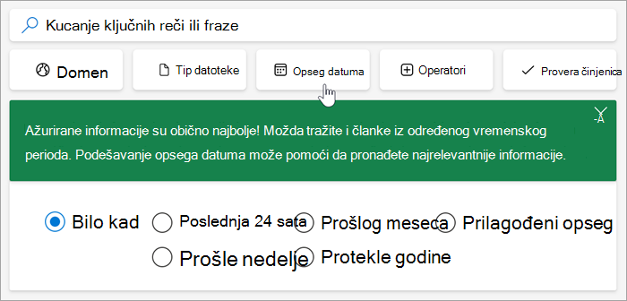 Snimak ekrana opcija opsega datuma, protekla 24 sata, prošle sedmice, prošlog meseca, prošle godine, prilagođenog opsega.