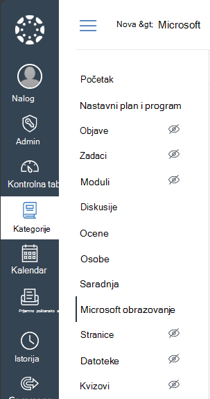 Izaberite Microsoft Education u meniju za navigaciju kursa platna