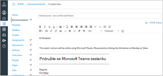 Microsoft Teams veza u objavi na platnu