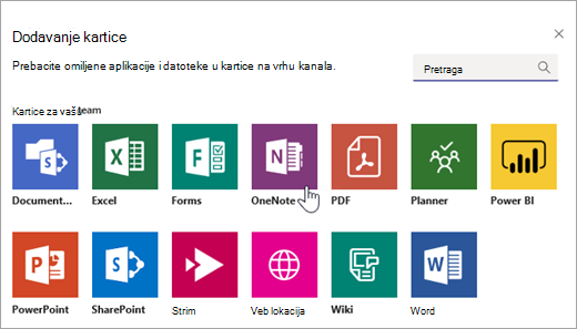 Dodavanje programa OneNote kao kartice unutar tima.