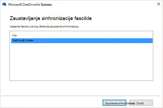 Snimak ekrana sa dijalogom za zaustavljanje sinhronizacije fascikle