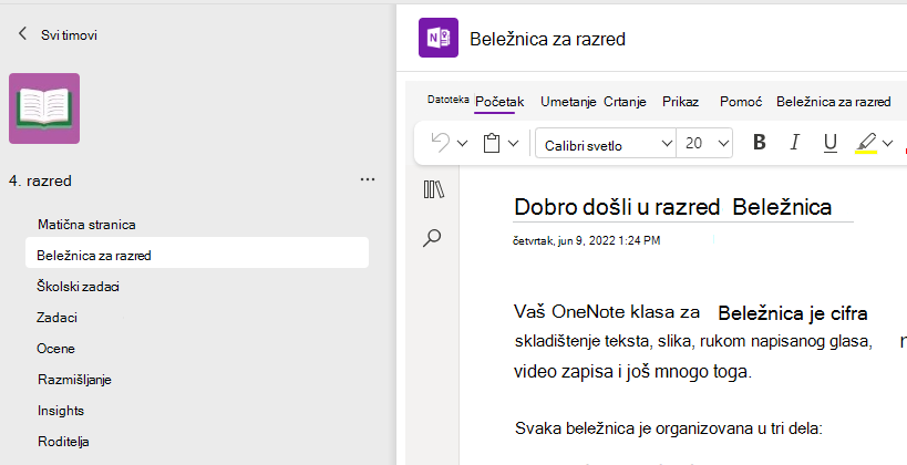 Snimak ekrana podešavanja beležnice za razred.