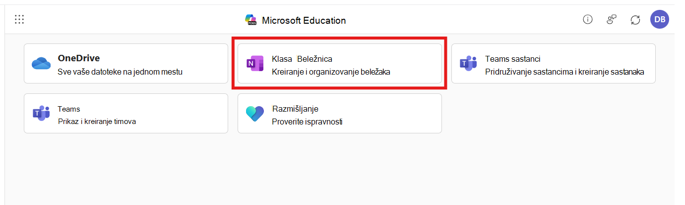 Snimak ekrana Microsoft 365 LTI aplikacije sa izabranom beležnicom za razred