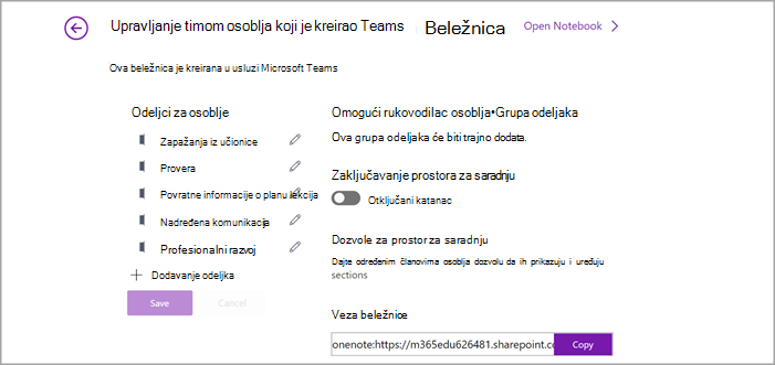 Snimak ekrana stranice za upravljanje postavkama beležnice za osoblje u programu OneNote.