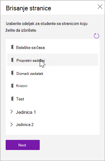 Odaberite studentski odeljak sa stranicom koju želite da izbrišete.