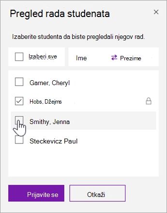 Potvrdite izbor u polju za potvrdu da biste zaključali pojedinačnu stranicu studenta.