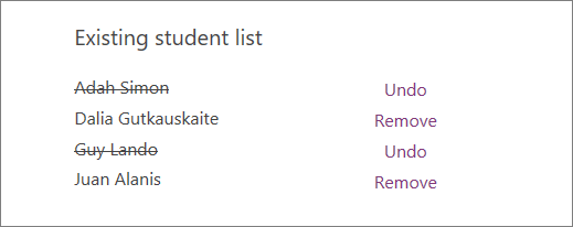 Uklonjena imena studenata su precrtana sa postojeće liste studenata sa opcijama 