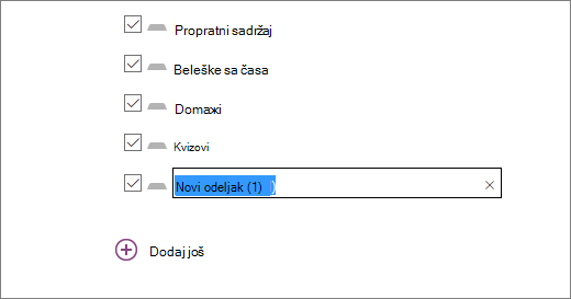 Pregledajte odeljke beležnice u čarobnjaku za beležnicu za razred, uključujući propratne sadržaje,