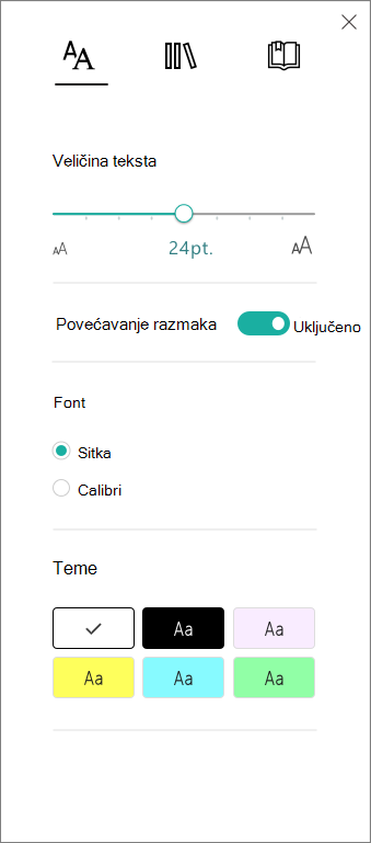 Meni sa opcijama teksta u Koncentrisani čitalac p