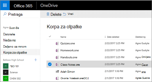 OneDrive korpa za otpatke sa listom stranica beležnice.