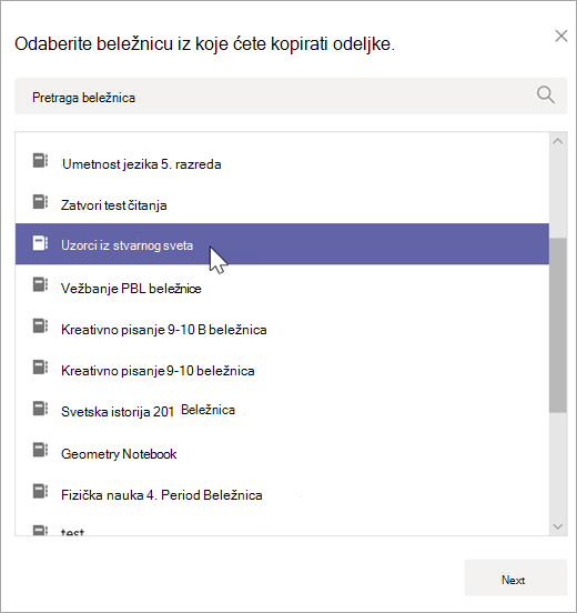 Odaberite beležnicu iz koje ćete kopirati odeljke.