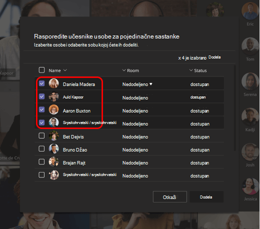 Slika prikazuje kako da dodelite osobe sobama za pojedinačne sastanke