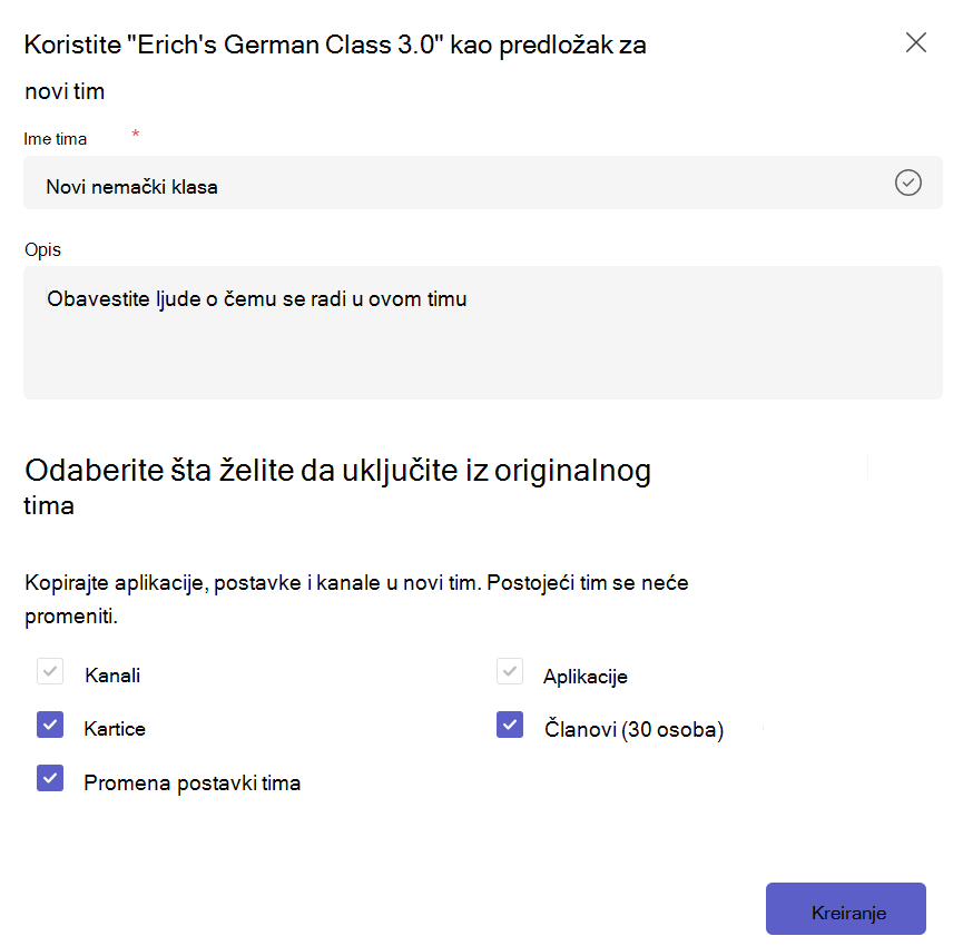 Snimak ekrana koji prikazuje kreiranje novog tima na osnovu postojećeg predloška tima i izbor sadržaja za kopiranje.