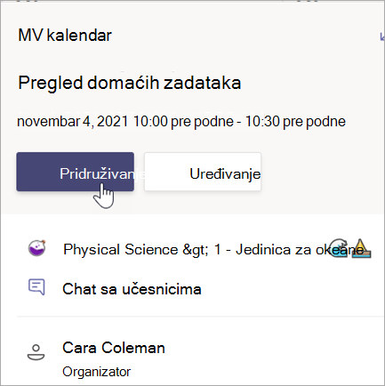Snimak ekrana koji prikazuje karticu sastanka za pregled domaćeg zadatka sa dugmetom 