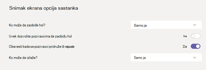 Opcije sastanka u usluzi Teams.