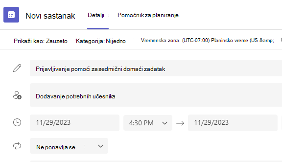 Snimak ekrana novog sastanka.