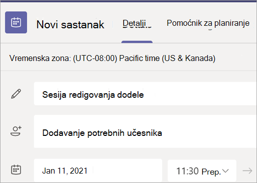 Snimak ekrana koji prikazuje obrazac za novi sastanak u usluzi Teams sa poljima za naslov, učesnike, datum i vreme.