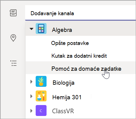 Snimak ekrana koji prikazuje izbor kanala tima za razred.