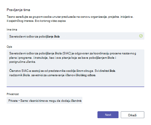 Kreiranje tima