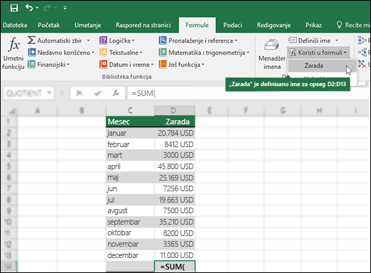 Click Use in Formula to add a defined name to a formula syntax