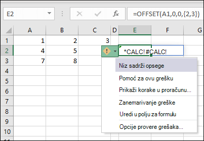 #CALC! greška – niz sadrži opsege